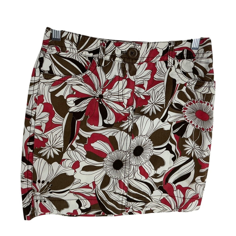 Ann Taylor LOFT Brown Pink Floral Mini Skirt Size 2 Retro Cotton Stretch